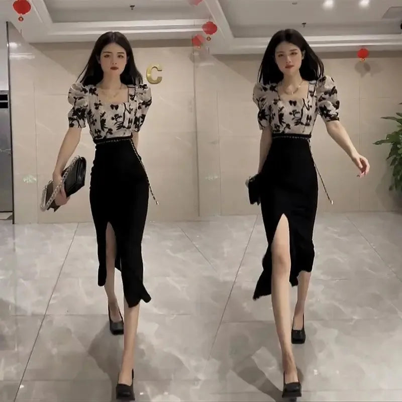 Skirt Suits Women's Two Piece Set Short Sleeve Long Maxi Sexy Female Outfits Slit Party Jacket Vacation 2025 Top and Bottom Full