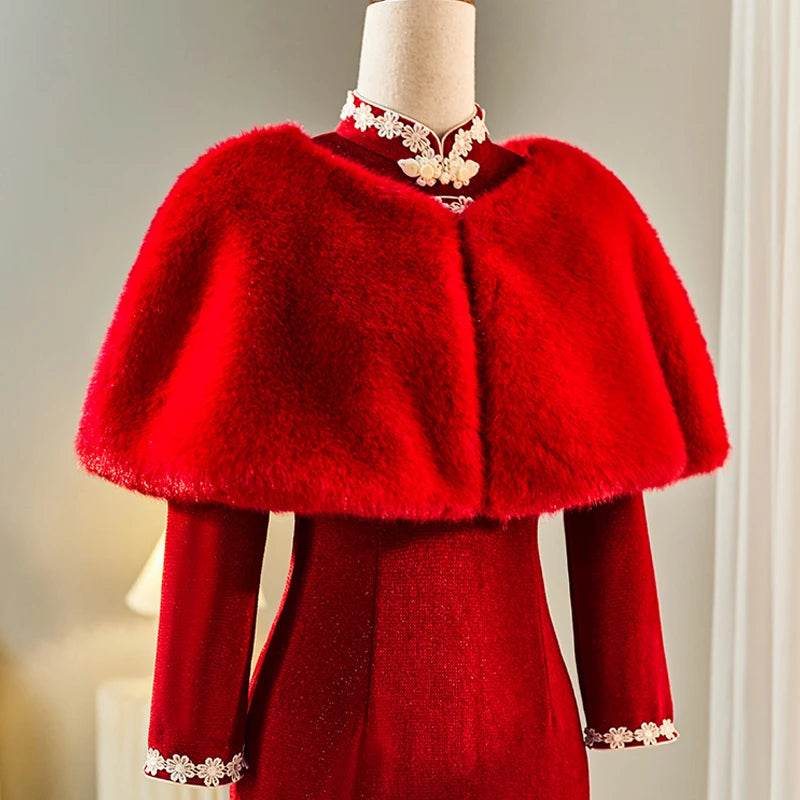 110cm New Bridal Wedding Shawl Wraps Cape Elegant Women Faux Fur Shawl Formal Party Evening Dress Winter Warm Plush Coat Cloak