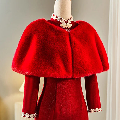 110cm New Bridal Wedding Shawl Wraps Cape Elegant Women Faux Fur Shawl Formal Party Evening Dress Winter Warm Plush Coat Cloak