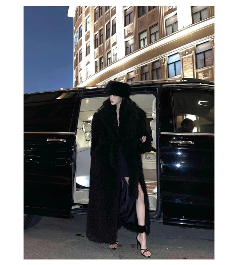 Lautaro Winter Extra Long Soft Thick Warm Fluffy Black Fuzzy Shaggy Hairy Faux Fur Coat Women Sashes Luxury Furry Overcoat 2023