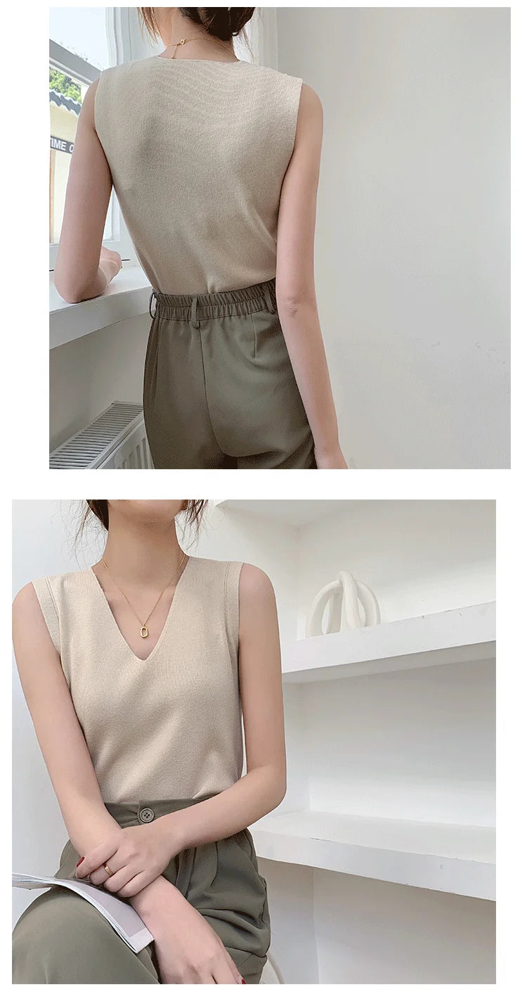 Summer Women Knitted Tank Tops Women Thin Tops Basic Casual Tank Tops V-neck Tees Sleeveless Tops For Women