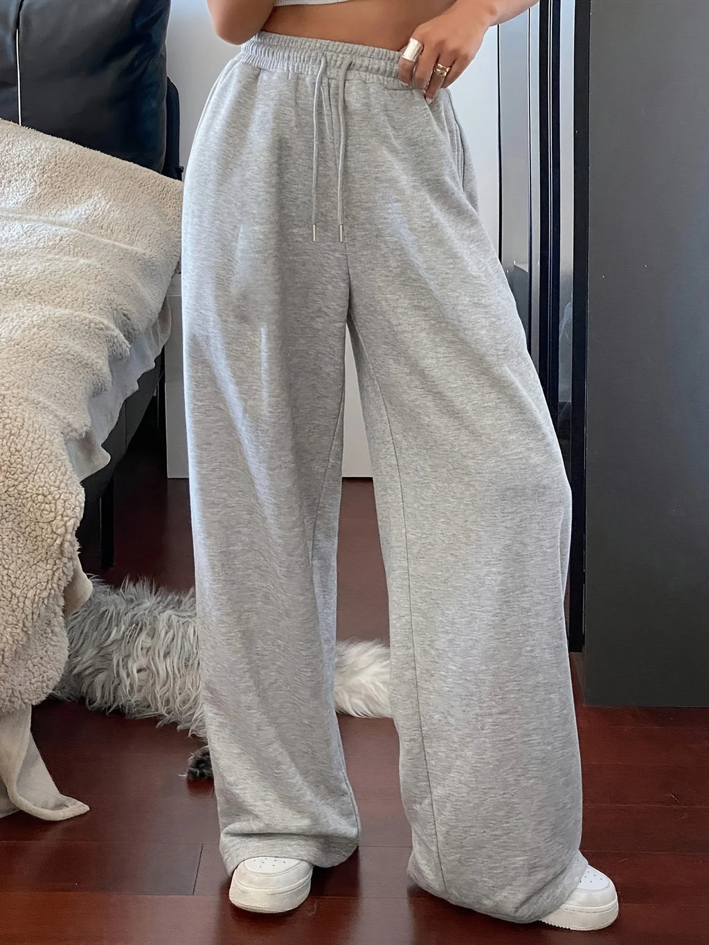 Women'S Casual Jogger Pants Light Grey Solid Color Drawstring Waist Pockets Loose Fit Straight-Leg Trousers for Gym