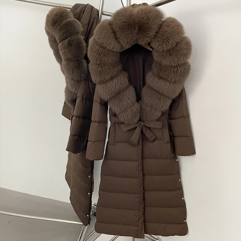 OFTBUY Large Real Fox Fur Collar X-Long Puffer Jacket Women Hooded Winter White Duck Down Coat Thick Female Parkas With Belt