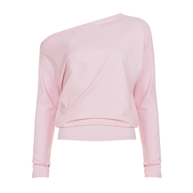 Women Loose Fit T-shirt Long Sleeve Skew Neck Solid Ladies Fall Pullovers Tops Fashion Streetwear for Casual Daily Female Tees