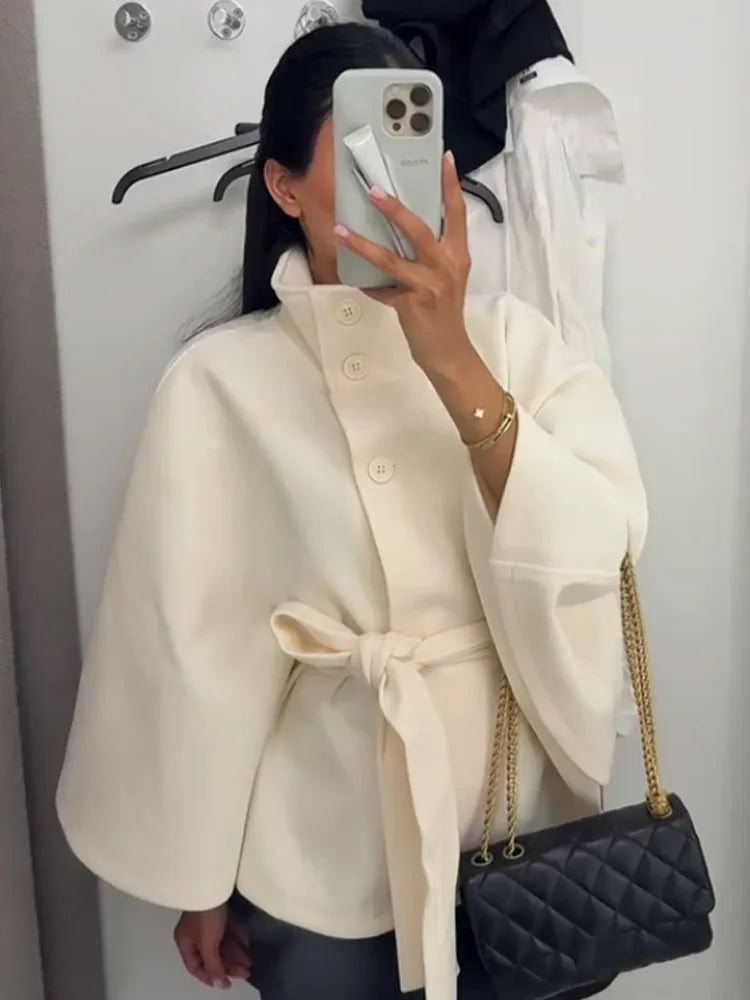 Elegant Lace Up Loose Fit Cape Coat Women's Autumn Winter Oversized High Neck Belted Wrap Jacket Fashion Warm Outerwear Outfit