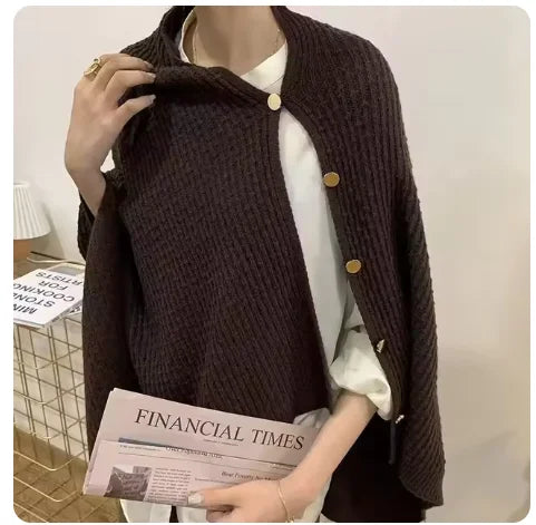 Warm Knitted Plain Color Scarf Thick Single Breasted Wool Shawl Wrap Women Cape Open Side Woven Cardigan Poncho Stole