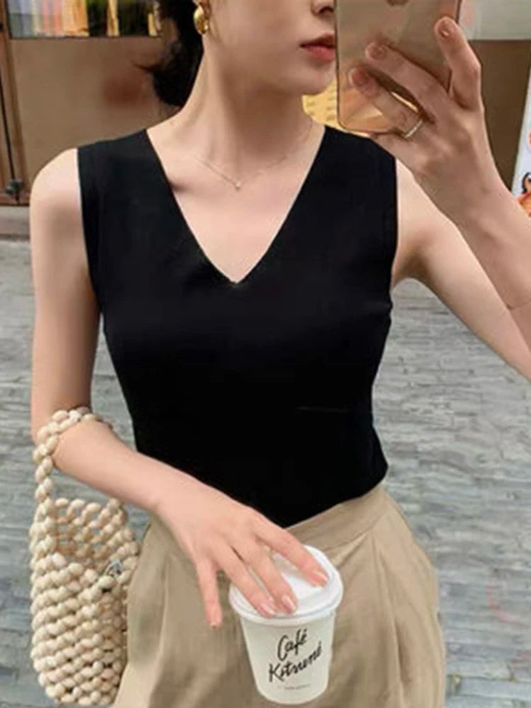 Summer Women Knitted Tank Tops Women Thin Tops Basic Casual Tank Tops V-neck Tees Sleeveless Tops For Women