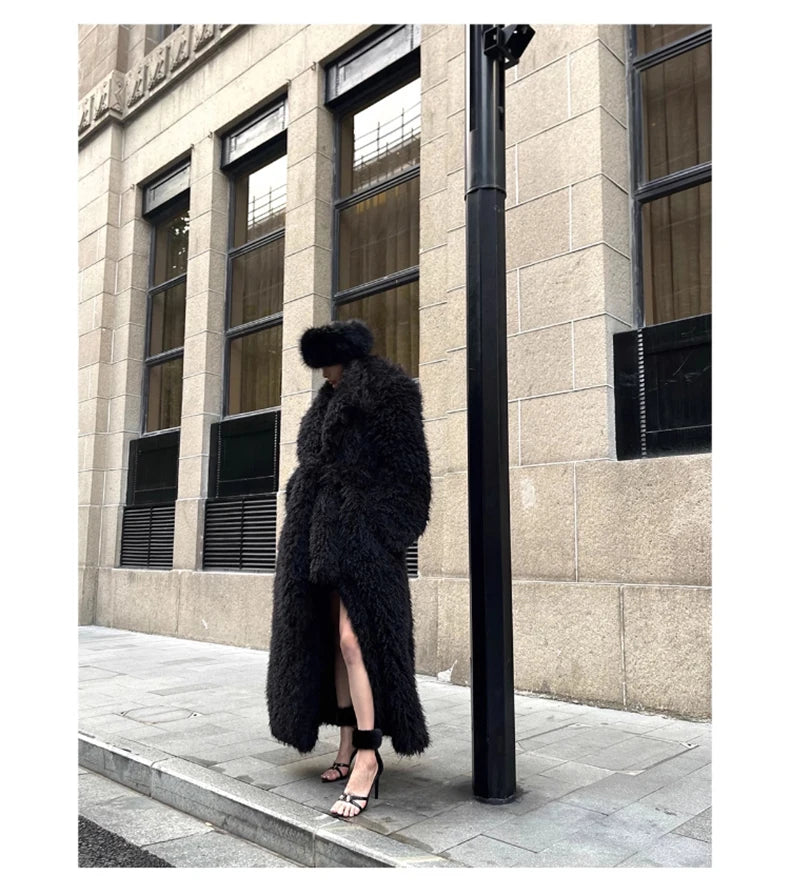 Lautaro Winter Extra Long Soft Thick Warm Fluffy Black Fuzzy Shaggy Hairy Faux Fur Coat Women Sashes Luxury Furry Overcoat 2023