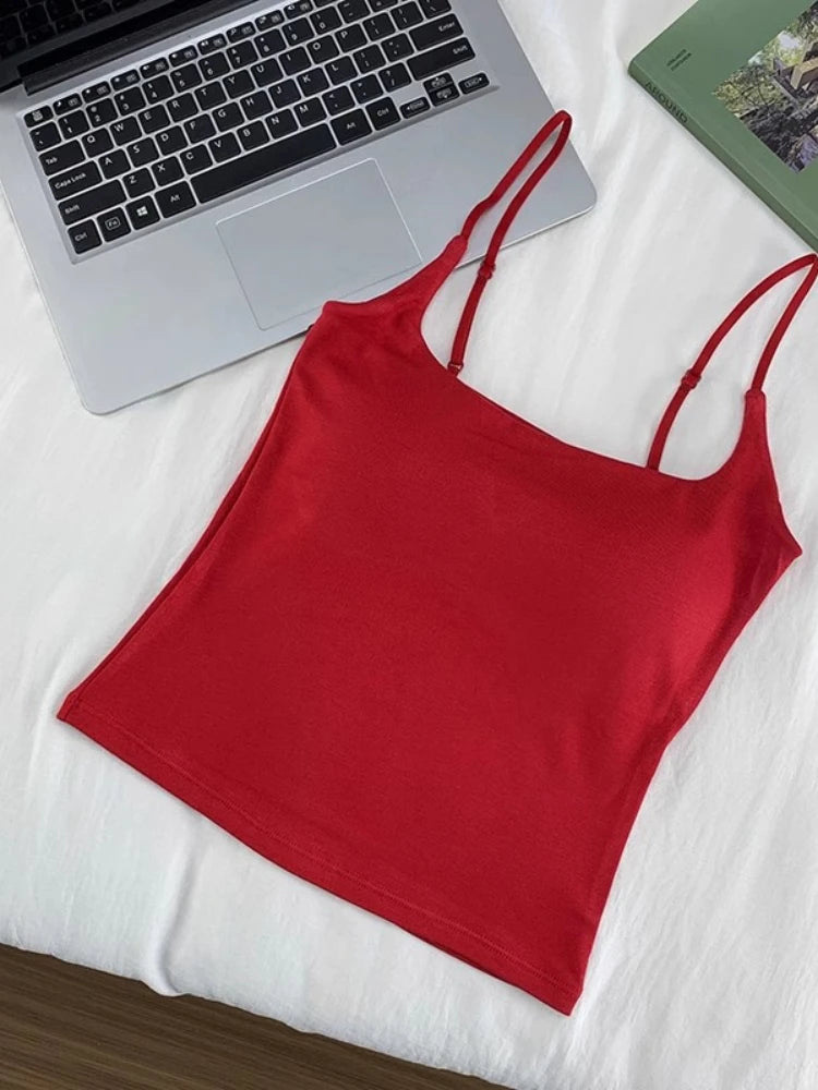 2025 Women With Built In Bra Spaghetti Strap Tanks Summer Camis Tank Casual Tops For Woman Solid Color Female Korean Style