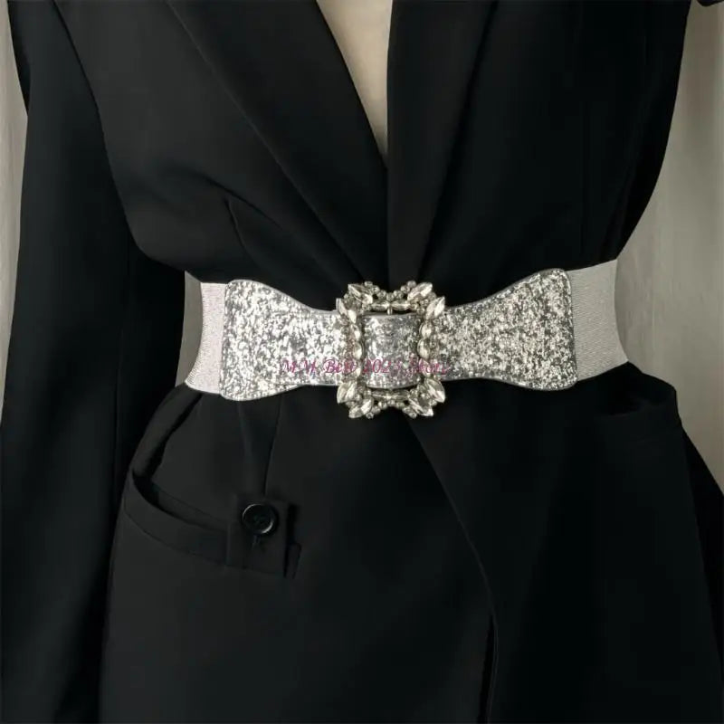 49ME Sparkly Wide Waist Belt Rhinestones Buckle for Hot Girl Glitter Corset Trendy Underbust Waist Chain Belt Disco Party