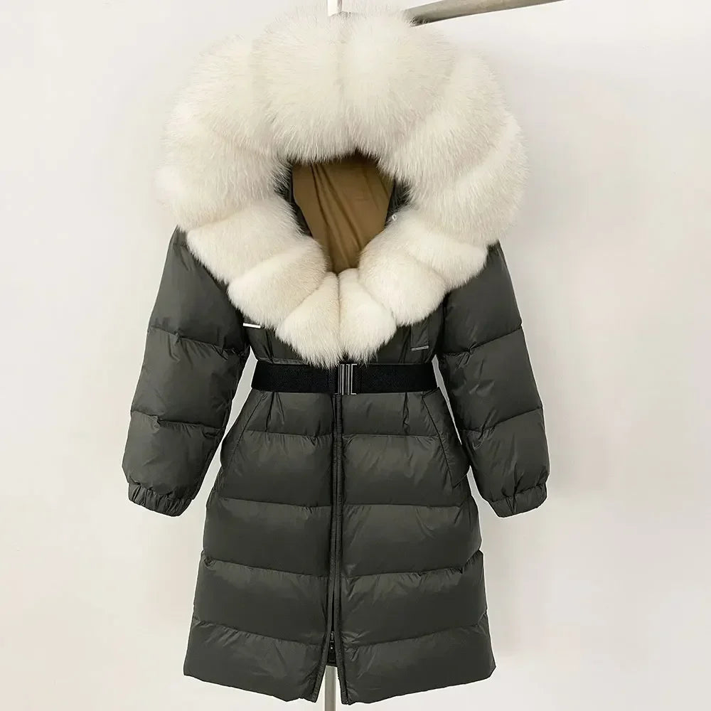 90% White Duck Down Coat New Natural Thick Warm Long Winter Jacket Women Real Big Fox Fur Collar Belt Loose Puffer Parka