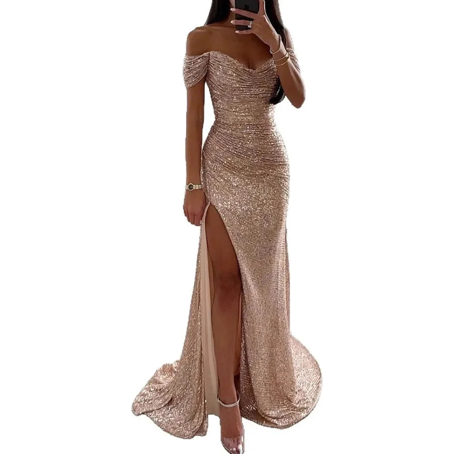 Casual Chic One-Shoulder Slit Dress Women's Fashion Party Wear Polyester Fiber Maxi Dress Regular Waistline No Sleeve
