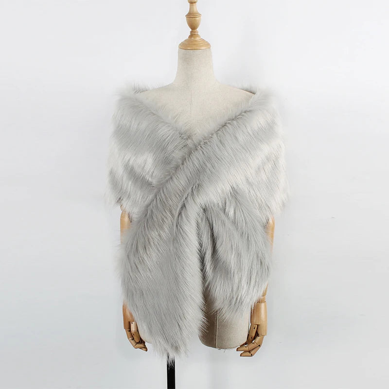 Women Fancy Bridal Wedding Shawl Cape Elegant Winter Warm Faux Fur Long Shawl Stole Wrap Scarf For Evening Party Decor Accessory