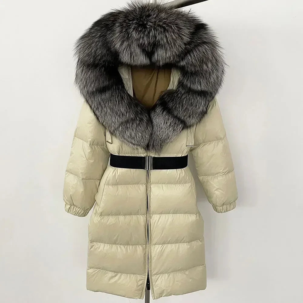 90% White Duck Down Coat New Natural Thick Warm Long Winter Jacket Women Real Big Fox Fur Collar Belt Loose Puffer Parka