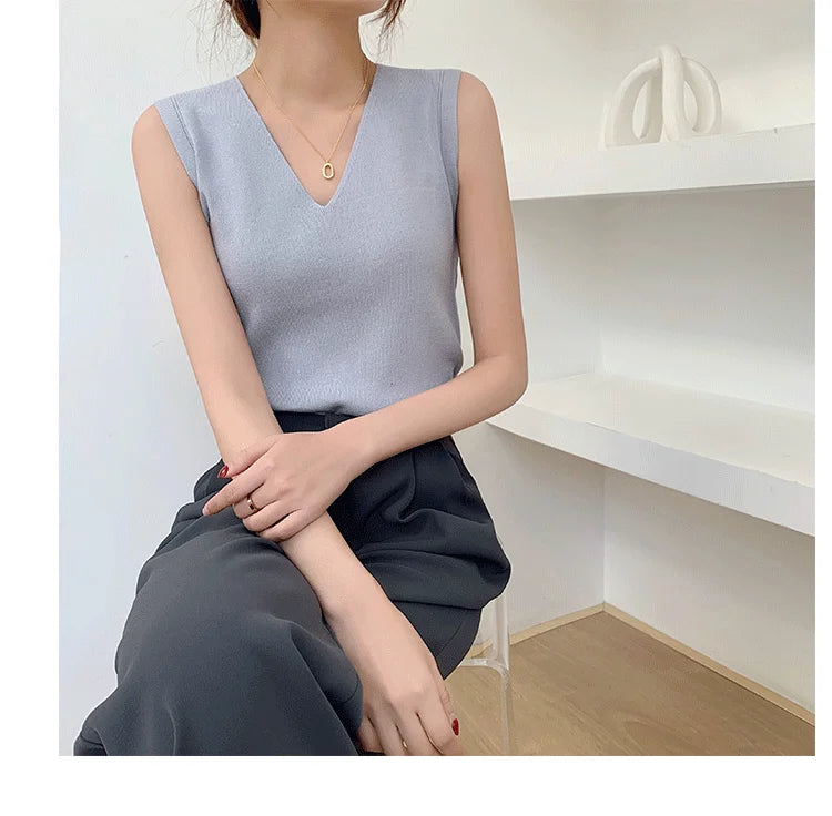 Summer Women Knitted Tank Tops Women Thin Tops Basic Casual Tank Tops V-neck Tees Sleeveless Tops For Women