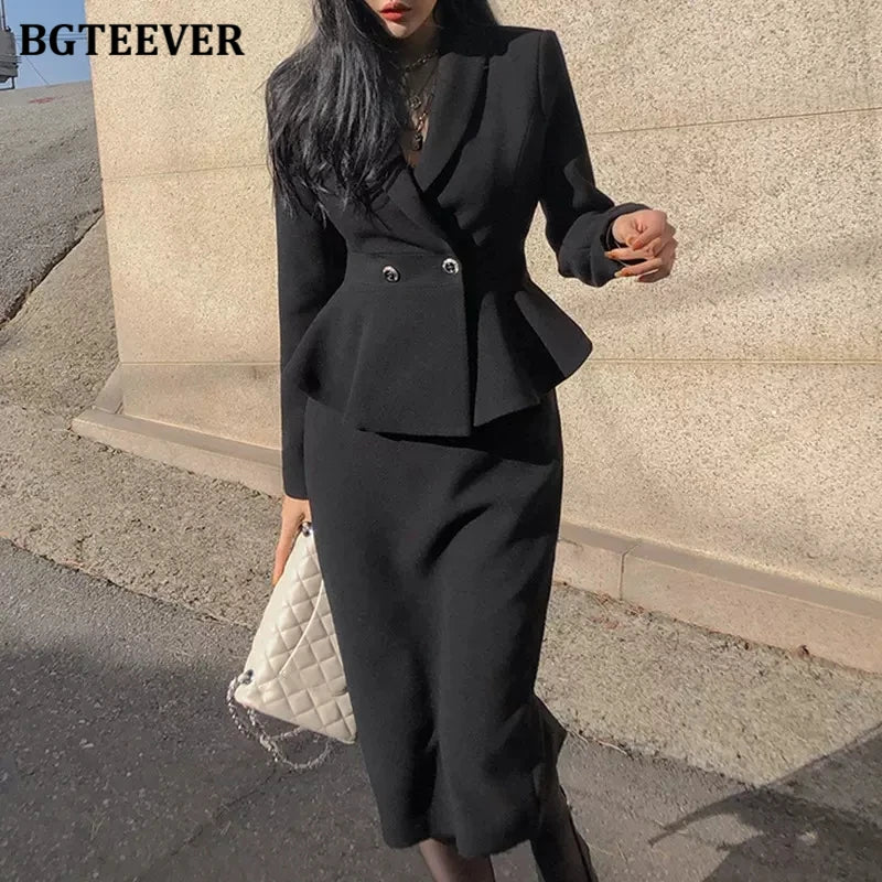 BGTEEVER Elegant Ladies Skirt Suits Double Breasted Slim Waist Blazer & High Waist Package Hip Skirts Women 2 Pieces Set