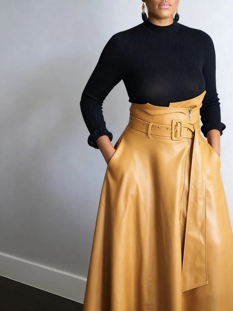 Beautyblue Women's PU Leather Maxi Skirt 2025 New Elegant High Waisted Pockets with Belted Fashion Solid A-Line Zipper Skirts