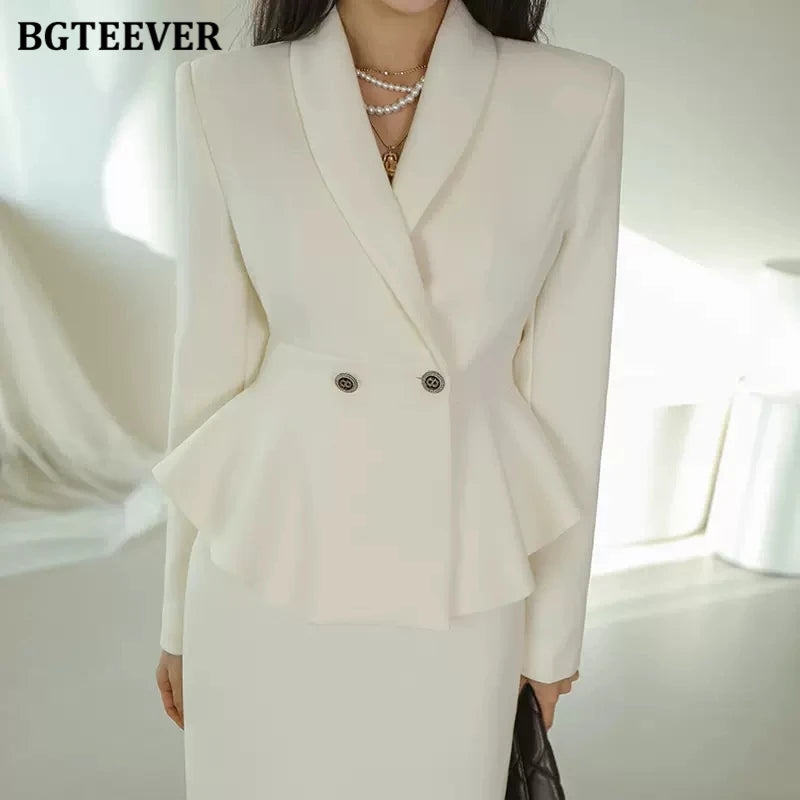 BGTEEVER Elegant Ladies Skirt Suits Double Breasted Slim Waist Blazer & High Waist Package Hip Skirts Women 2 Pieces Set
