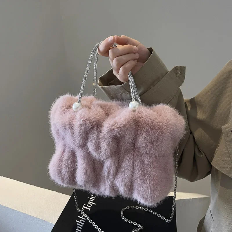 Soft Plush Evening Bags For Elegant Women Fur Dinner Party Clutch Chain Crossbody Winter Warm Luxury Designer Handbags