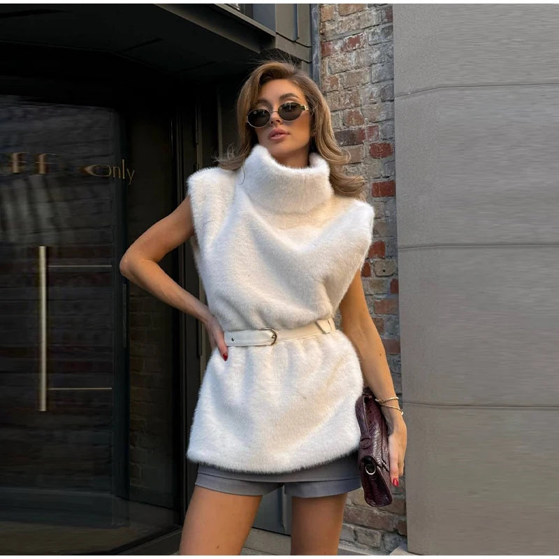Vintage Brown Women's Faux Fur Vest Solid High Collar Sleeveless Thicken Female Waistcoat 2025 Autumn Winter New Lady Streetwear
