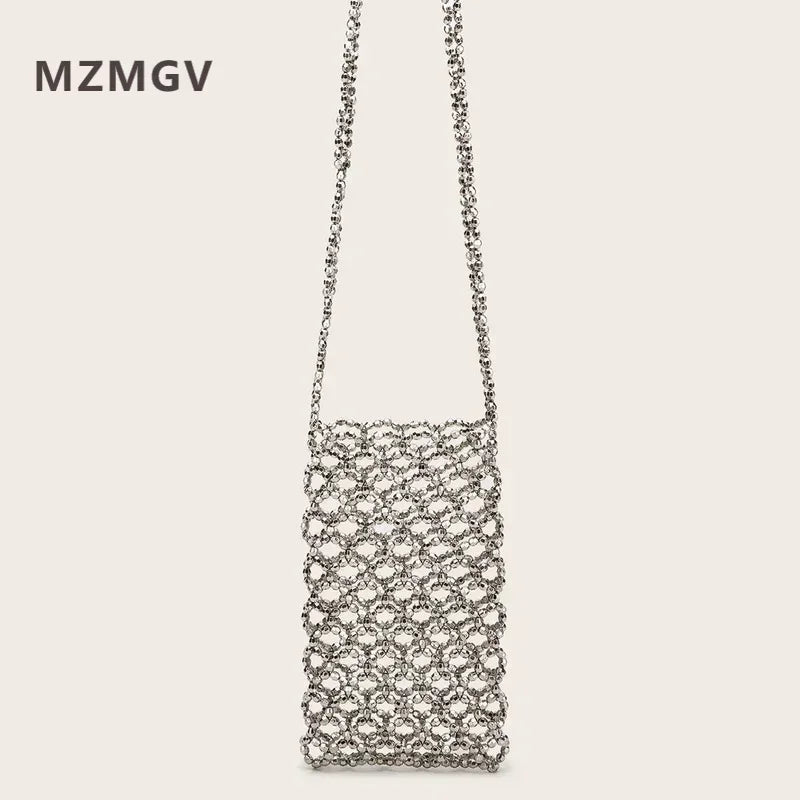 2022 Summer Silver Acrylic Hand-woven Beaded Bag Hollow Out Handmade Mobile Phone Messenger Bag Vertical Small Square Bag