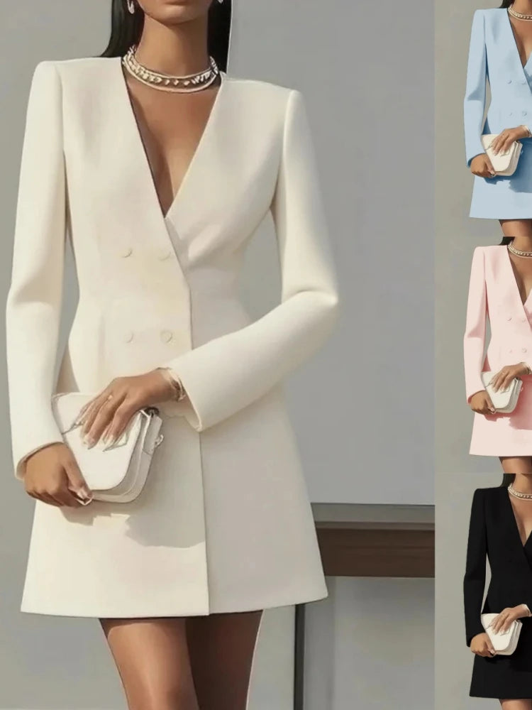 Fashion Commuter Dress for Women Autumn New Elegant Office Lady Solid Color Deep V-neck Double Breasted Long Sleeved Mini Dress