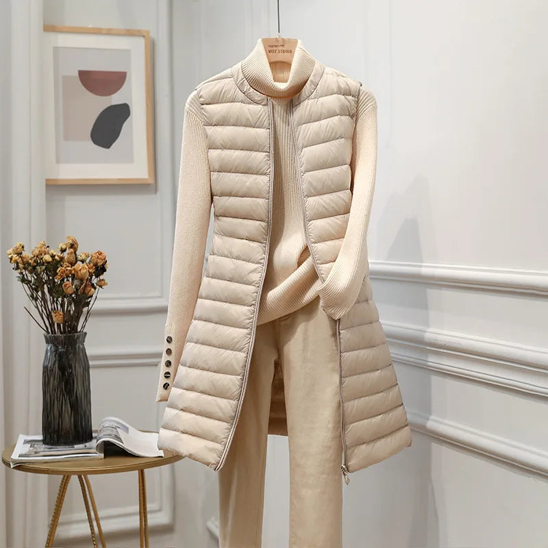 Autumn and Winter New Light Thin down Vest Women round Neck Mid-Length Waistcoat down Liner Vest Vest Outerwear