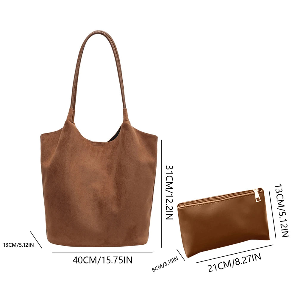2pcs/set  Women Tote Bags Work Bags Suede Slouchy Bag Hobo Handbag Tote Handbag Suede Shoulder Bag Solid Color Commuting Bag