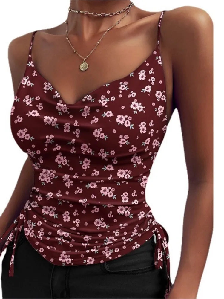 Women's Solid Tank Top V Neck Camisole Cami Drawstring Spaghetti Strap Top Sleeveless Blouse Tank Shirt New Summer Crop Top