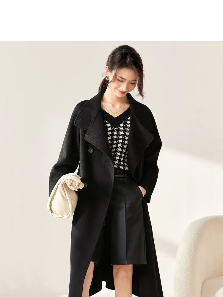 SENTUBILA Women's Long Woolen Overcoats 2025 Winter Outerwear Elegant Turtleneck Warm Double Breasted Belt Wrap Coat W24O42064