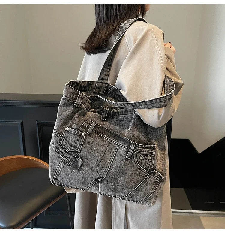 2025 Spring New Hot Sale Denim Tote Bags Solid Large Capacity Personality Retro Durable Commute Style Shoulder Bags for Women