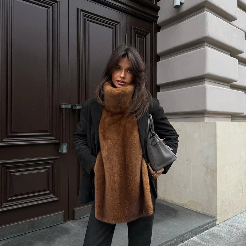 Vintage Brown Women's Faux Fur Vest Solid High Collar Sleeveless Thicken Female Waistcoat 2025 Autumn Winter New Lady Streetwear