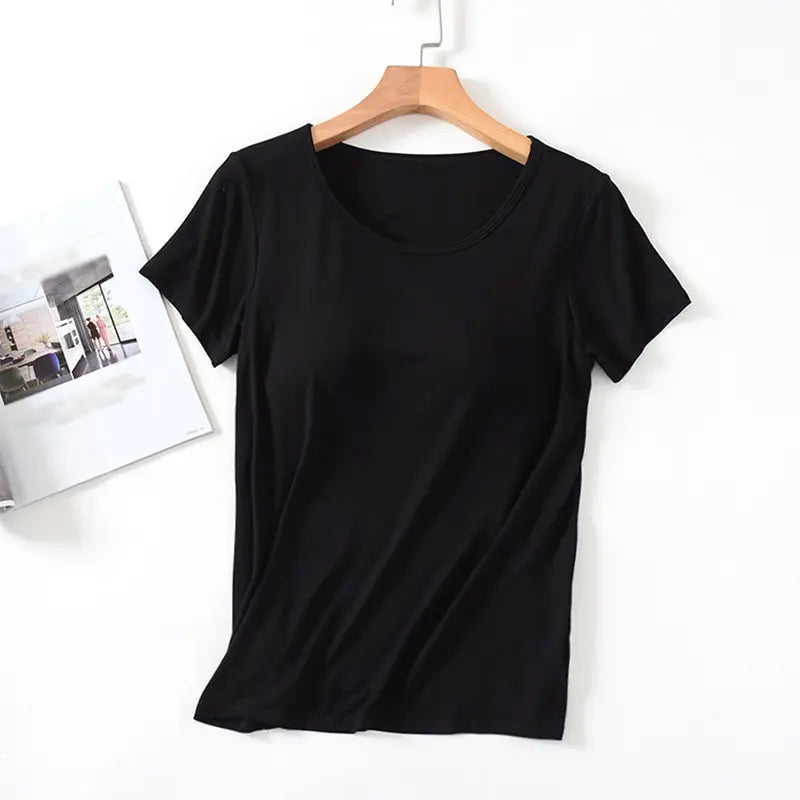 Women's T-Shirt with Chest Pad Tops  One-Piece Bra Cup Slim T Shirt Female Summer Top Bottoming Shirts Home Wear Women Pajamas