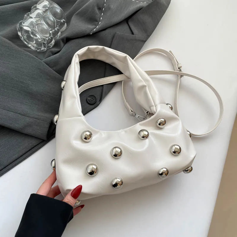 Black Half Moon Underarm Bag For Women Luxury Studded Beading Handbags Red Purse Solid Color Pu Leather Shoulder Crossbody Bags
