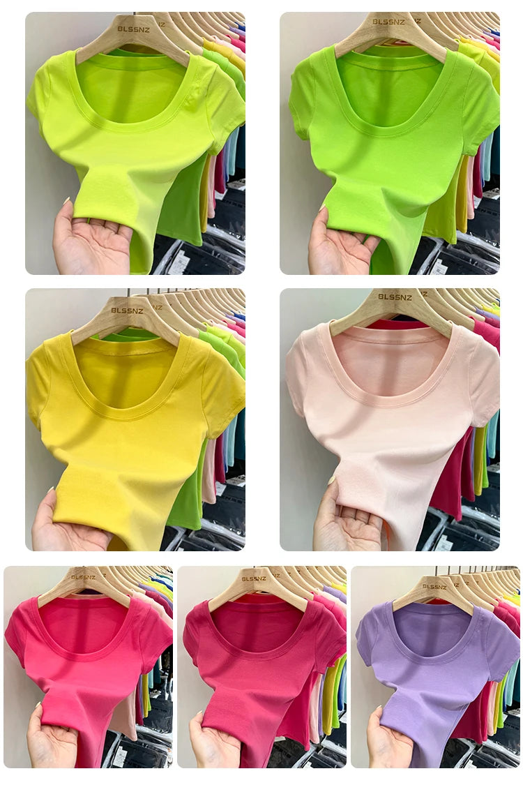 2025 Sexy Square Collar Slim T Shirt Women Cotton Elastic Basic Solid Female Casual Tops Short Sleeve Thin T-shirts See Through