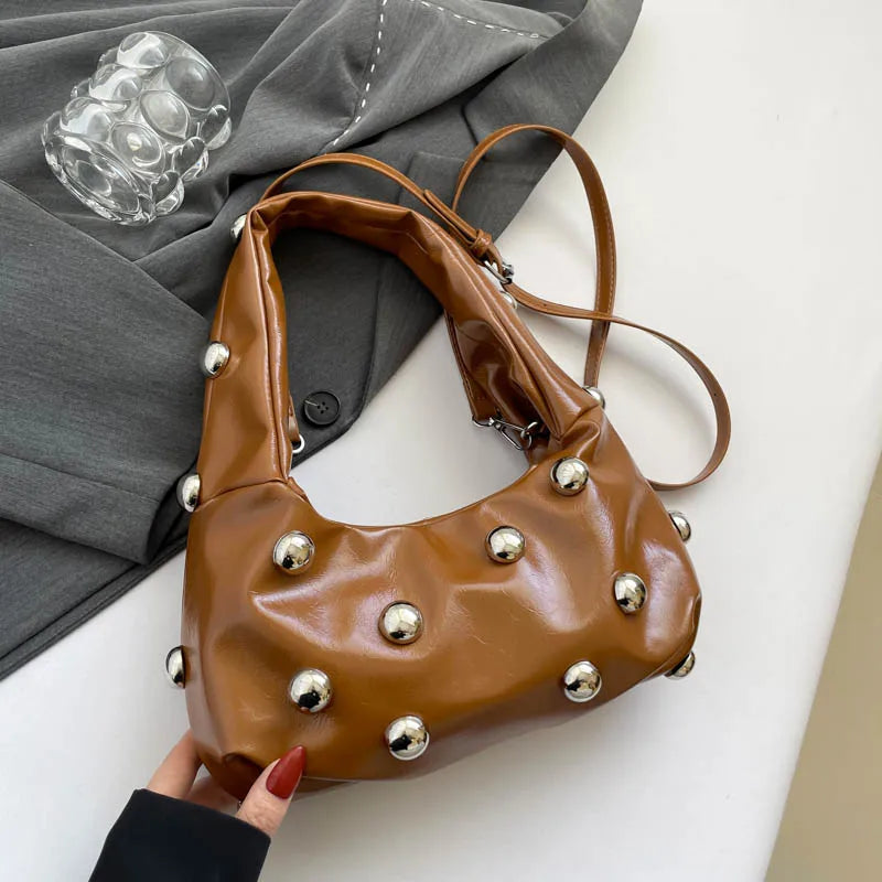 Black Half Moon Underarm Bag For Women Luxury Studded Beading Handbags Red Purse Solid Color Pu Leather Shoulder Crossbody Bags