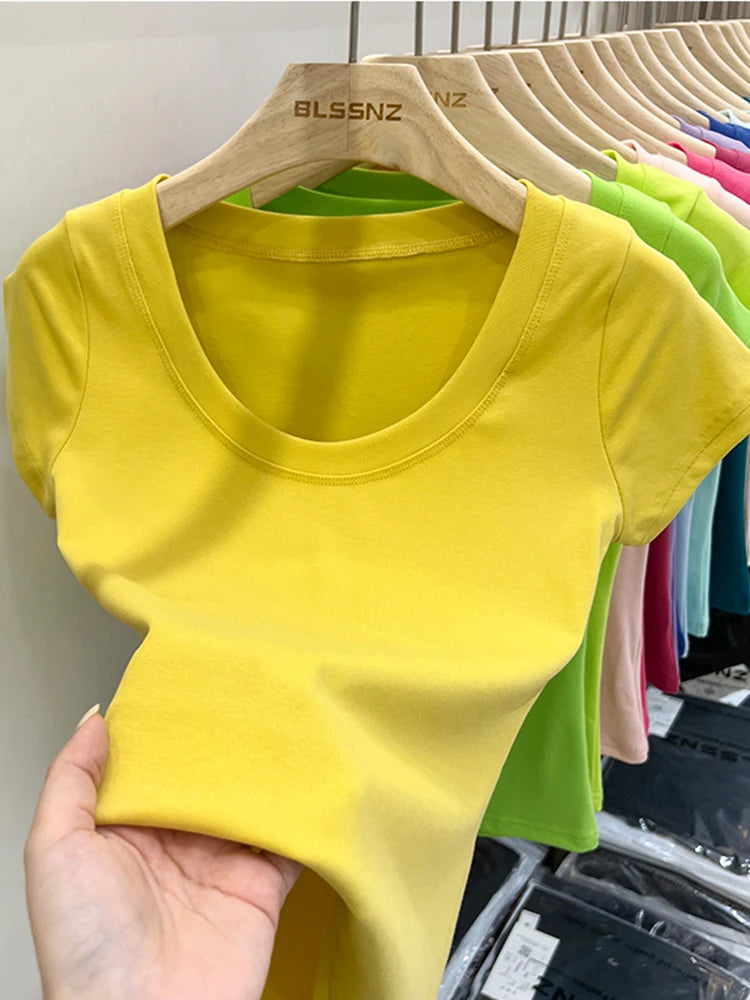 2025 Sexy Square Collar Slim T Shirt Women Cotton Elastic Basic Solid Female Casual Tops Short Sleeve Thin T-shirts See Through