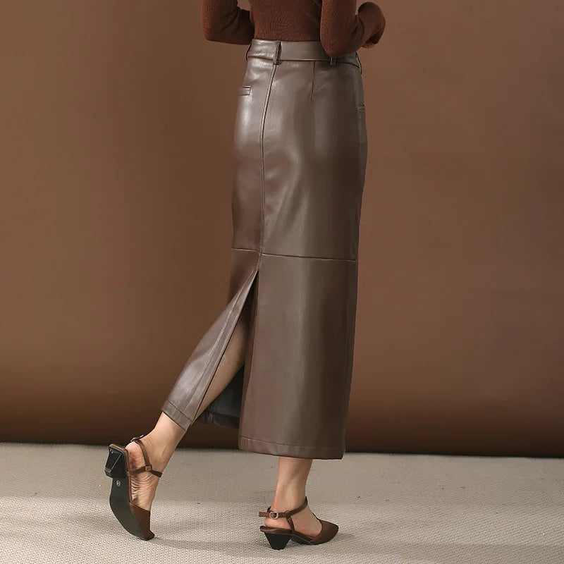 PU Leather Skirt Women's Autumn 2025 New High Waist Hip Skirt Medium and Long Straight Split One-step Skirt