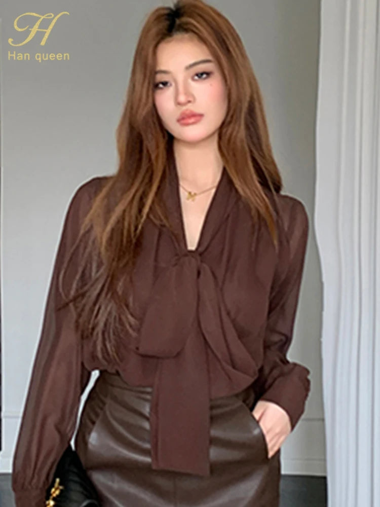 Womens Blouse Vintage Bow Elegant Loose Women Business Shirts Work Casual Tops Chiffon Blouse New Arrival Shirt