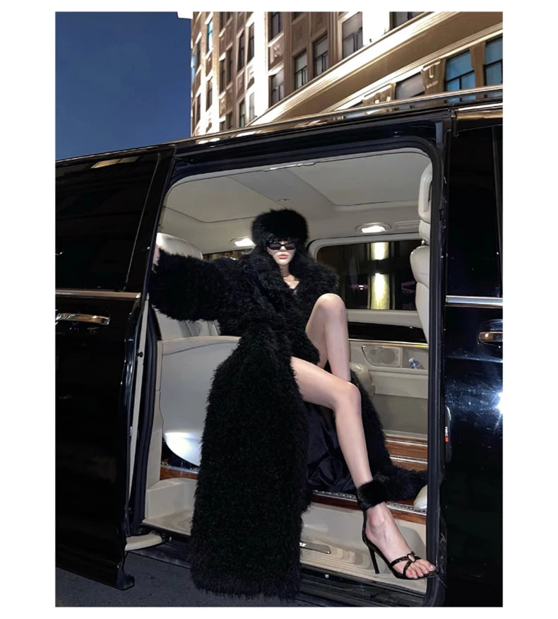 Lautaro Winter Extra Long Soft Thick Warm Fluffy Black Fuzzy Shaggy Hairy Faux Fur Coat Women Sashes Luxury Furry Overcoat 2023