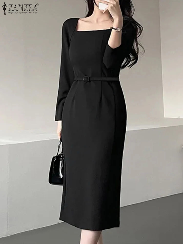 Elegant Autumn Office Lady Dresses 2025 ZANZEA Women Square Neck Long Sleeve Party Work Dress Midi Vestidos Solid Slim Fit Robe