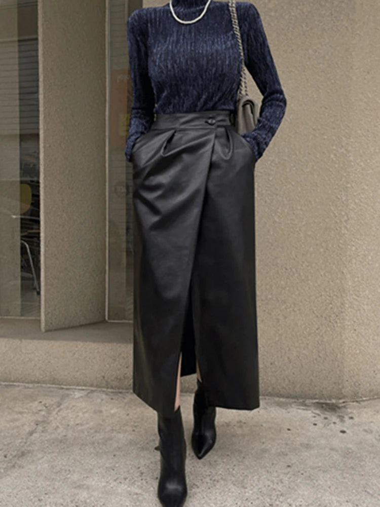 2025 Autumn Winter New PU Leather Half Skirt Fashion Irregular High Waist Skirts Temperament Slim Women Solid Color Split Skirt