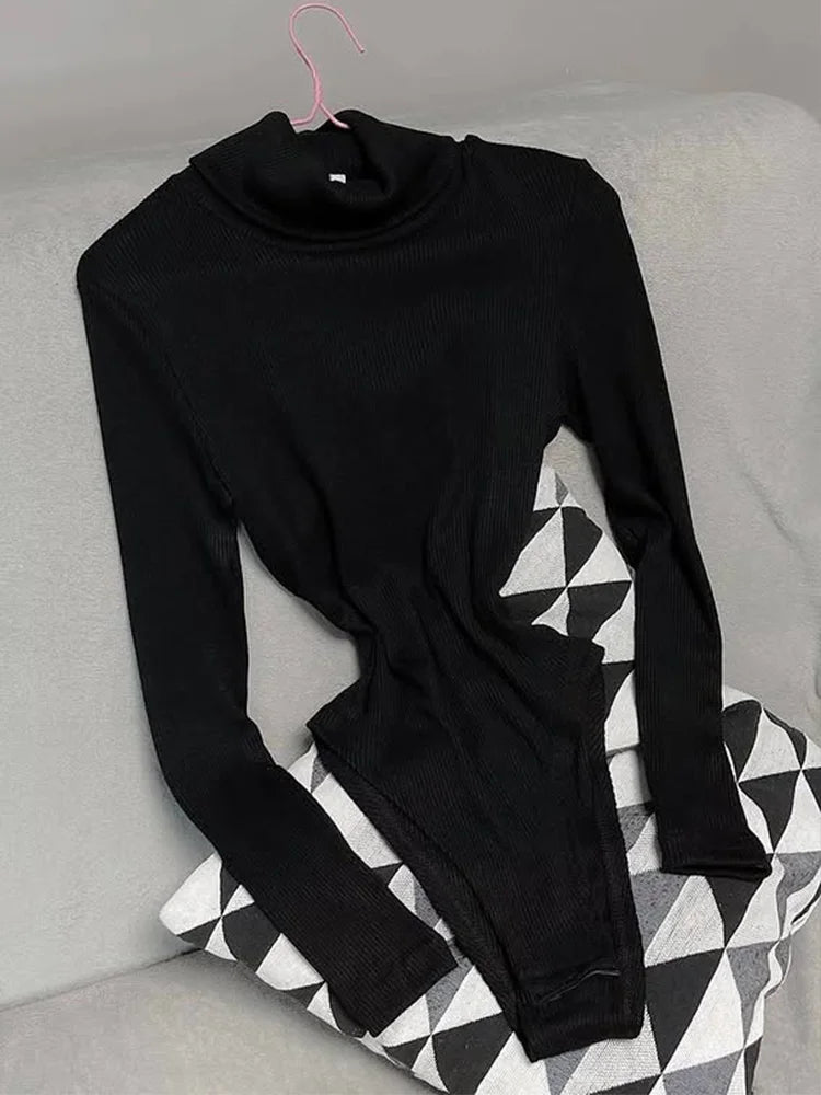 Solid Bodysuits For Women Fashion Sexy Long Sleeves Turtle Neck Slim Romper Female Streetwear Jumpsuits Tops Casual Outfit