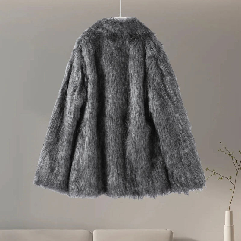 Women Plush Faux Fur Coat Female Casual Turn Down Collar Long Sleeve Warm Overcoat 2024 Winter New Fashion Cardigan Tops Lady