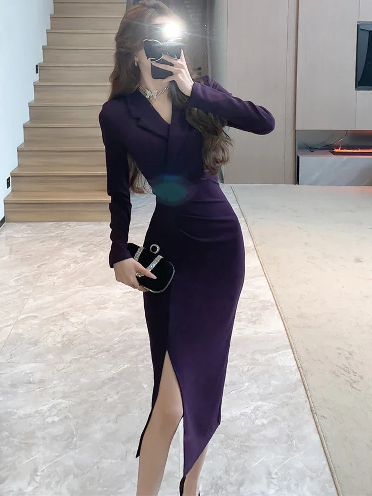 Purpled Elegant Pleated Bodycon Suit Dress for Women 2025 Korean Fashion Formal Dress Autumn Winter Chic Bespoke Occasion Dress