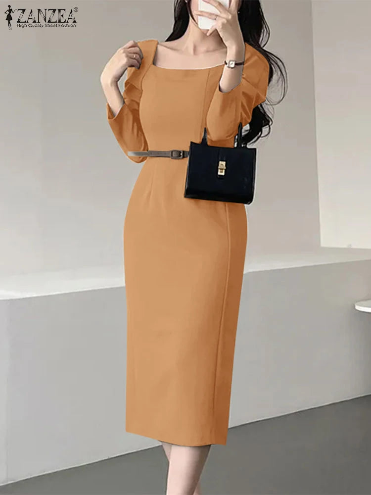Elegant Autumn Office Lady Dresses 2025 ZANZEA Women Square Neck Long Sleeve Party Work Dress Midi Vestidos Solid Slim Fit Robe