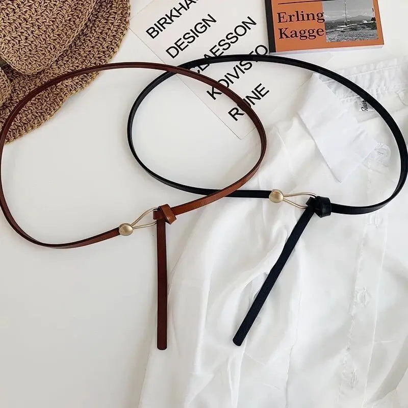 Women Belts Thin Golden Buckle PU Leather Strap For Dress Trousers Casual Black Ladies Female Designer Waistband