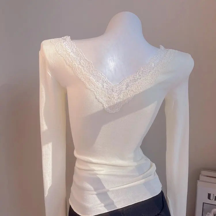 Women's Blouses Sexy Lace Deep V Neck Long Bell Sleeves Top Slim Fit Low Cut Sheer Mesh Shirt For Spring Fall Women's Clothing