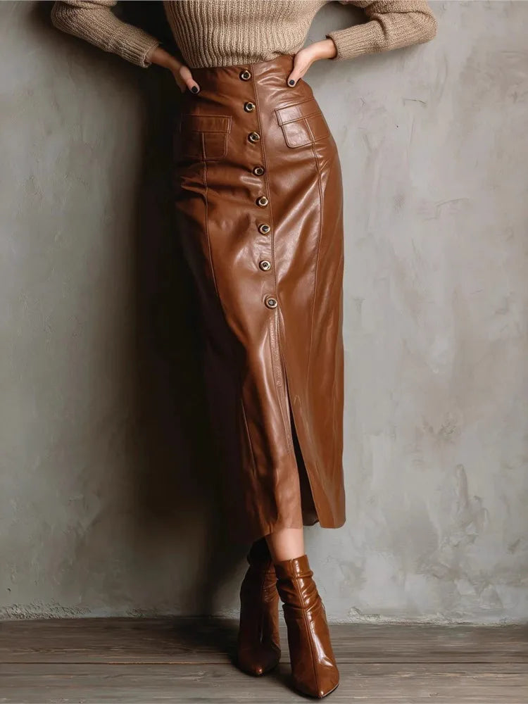 New Autumn And Winter PU Leather Women's Skirt Sexy Button Slit Slim High Waist Long Hip Cover Skirt Casual Womens Clothing