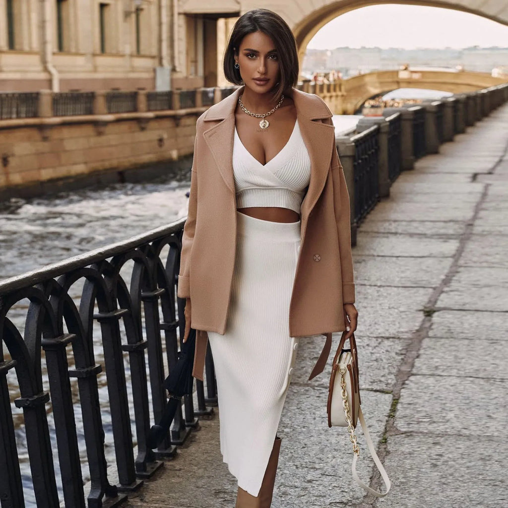 Talenza Knitted Slim Fit Slit Skirt Set 2 Piece Women's Solid Color Pullover Top Long Skirt Set Long Sleeve Women's Suit Skirt